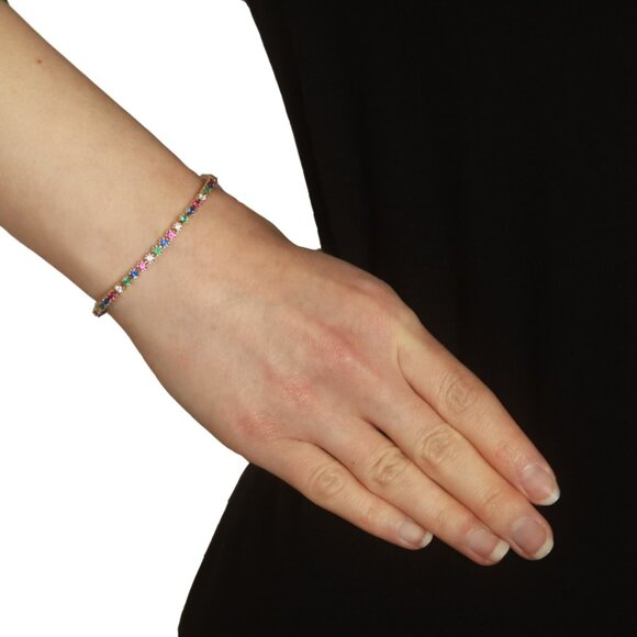 Yellow Gold Lab-Created Ruby Simulated Emerald CZ Tennis Bracelet 6" 14k 3.06ctw - Picture 2 of 6